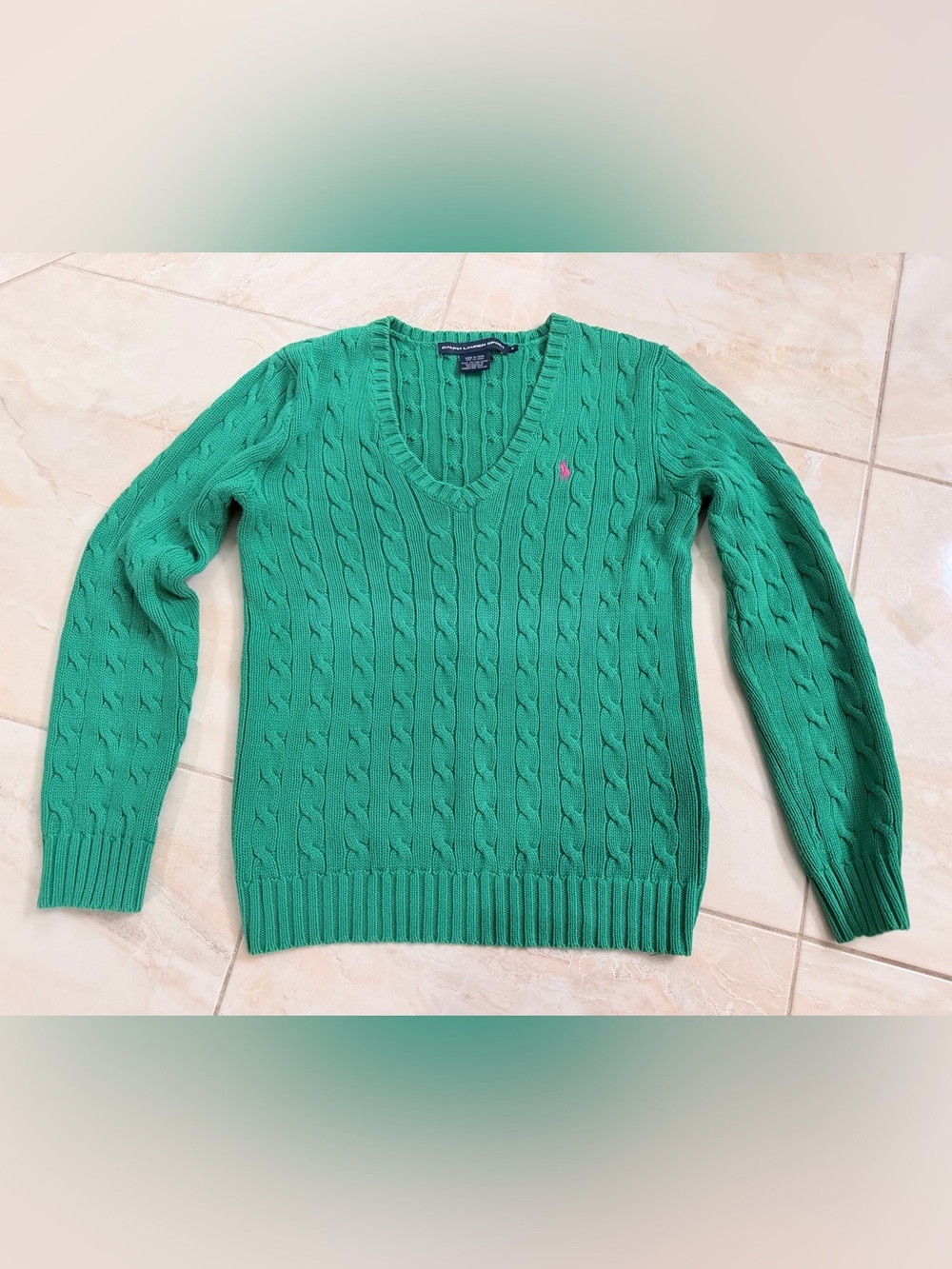 Ralph Lauren Green Cable V-Neck Sweater with Pink Polo Logo